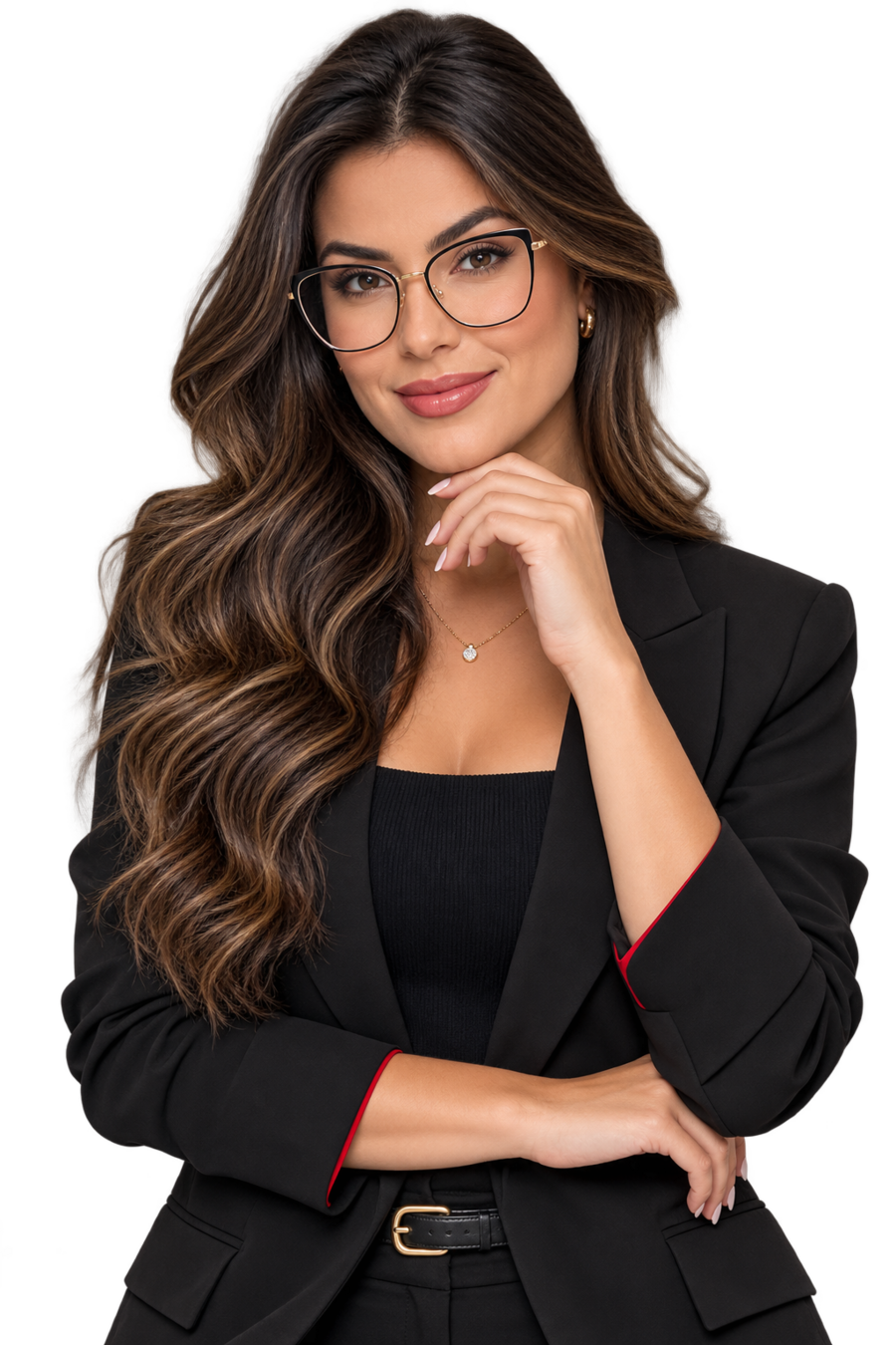 Mulher usando uma armação moderna em uma campanha de ótica